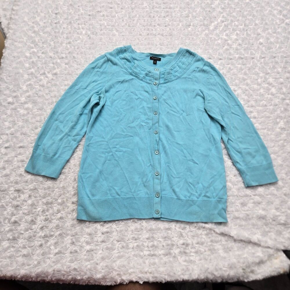 Talbots Sweater Womens M Blue Crew Neck 3/4 Sleeve Crochet Trim Ribbed